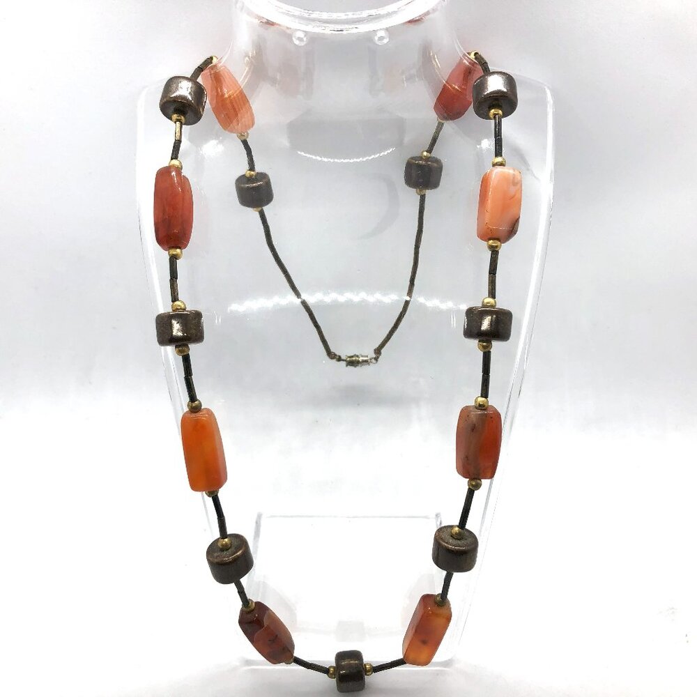 Carnelian oblong with ceramic brown metallic drum beads vintage necklace